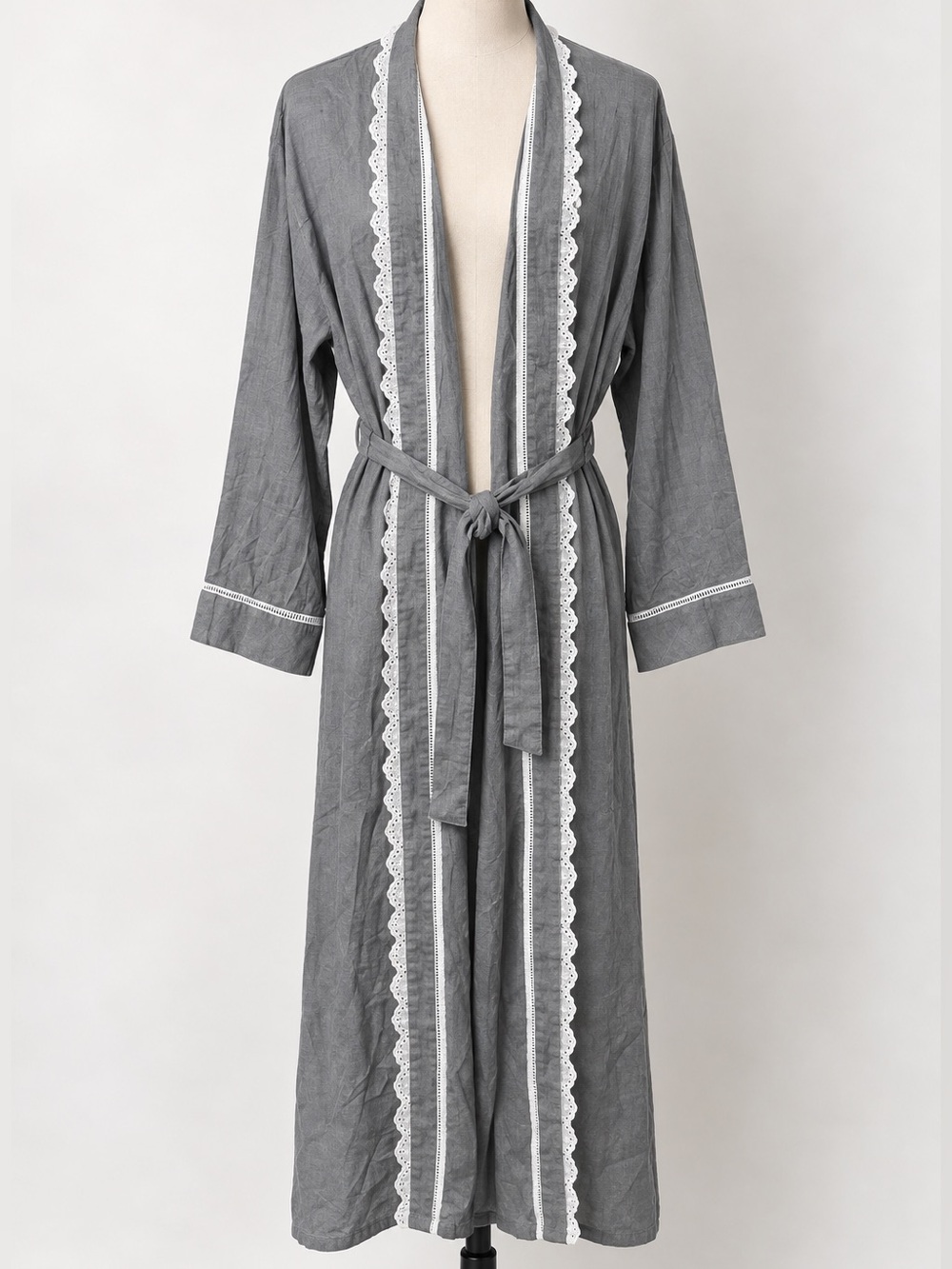 Eileen West Gray Robe with White Lace Trim and Tie Belt